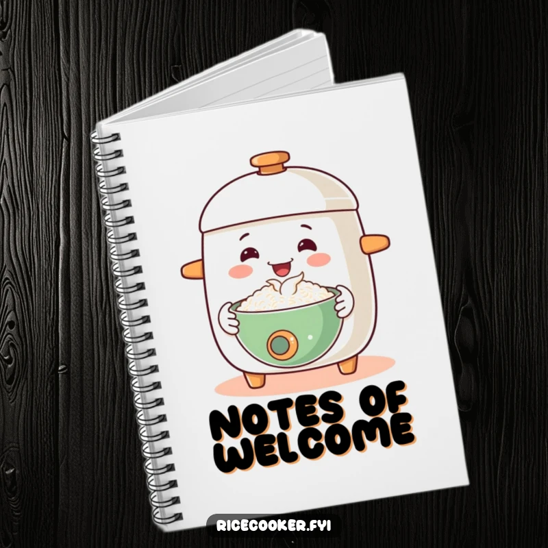 Funny notebook cover featuring a happy rice cooker offering a steaming bowl with a welcoming gesture, ideal for notes and warm thoughts.
