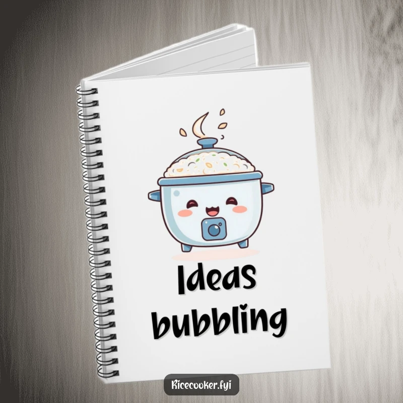 Funny rice cooker notebook, happy appliance bouncing with steam, energetic journal gift.