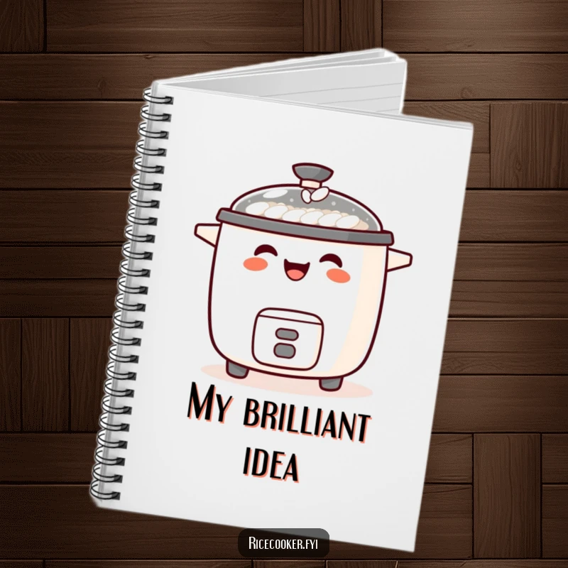 Funny notebook featuring a laughing rice cooker with a tiny grain of rice balanced on its spout, for notes and joy.