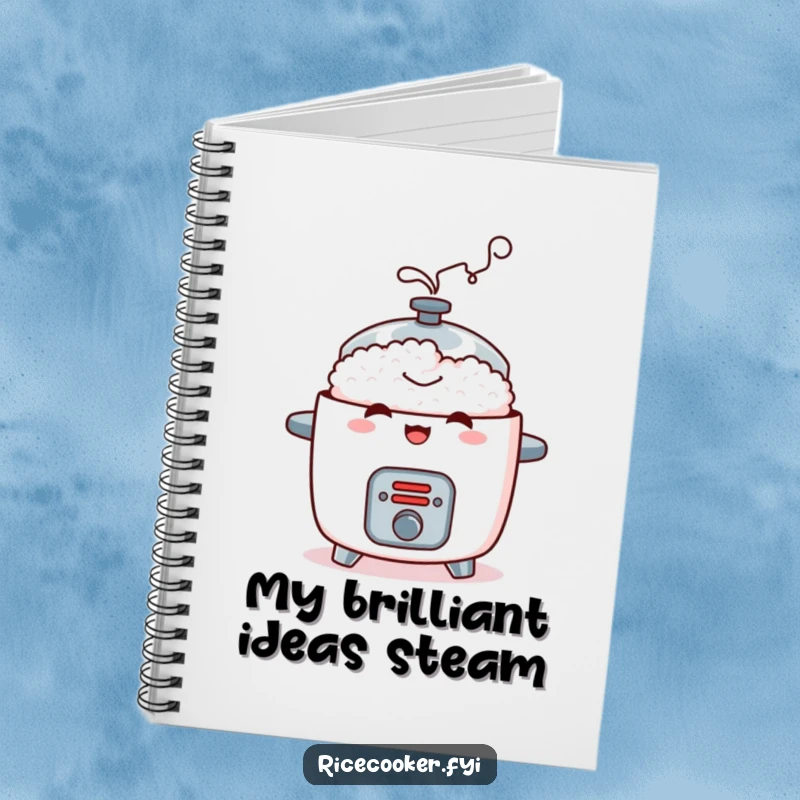 Funny notebook featuring a mischievous rice cooker with a contented steam puff, a humorous and practical item for notes and creativity.