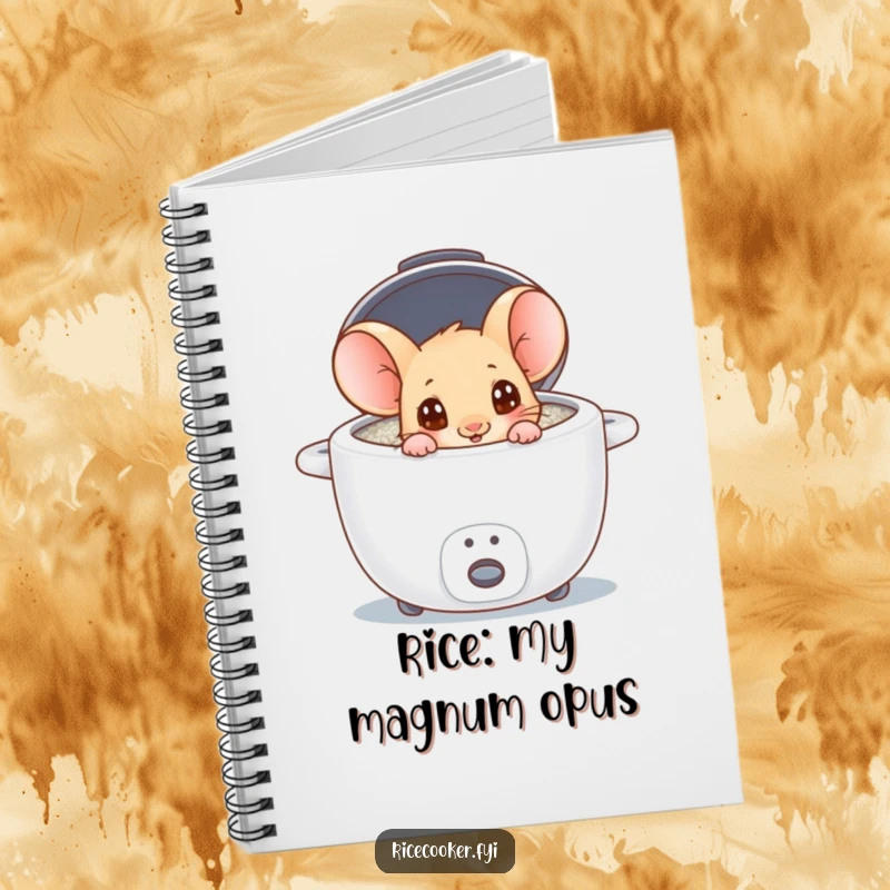 Funny mouse with wide eyes peeking into a rice cooker on a notebook cover, inspiring creative thoughts.