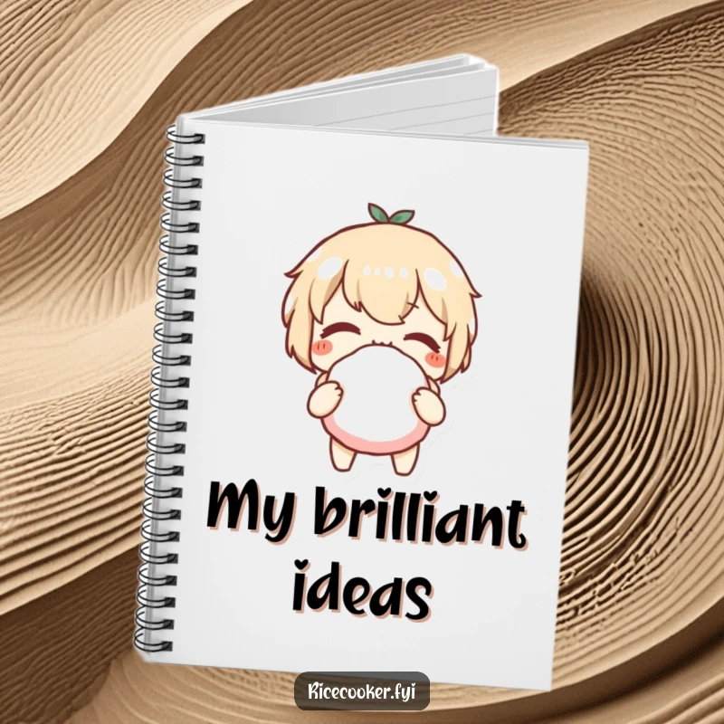 Funny notebook cover with a character winking while holding a perfectly formed rice ball, adding a playful touch to note-taking.