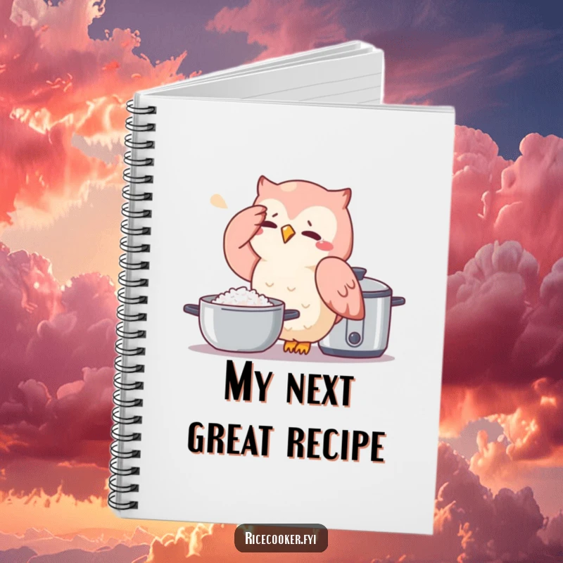 Funny owl notebook with a sweating owl by a rice cooker, perfect for jotting down notes with a humorous kitchen theme.