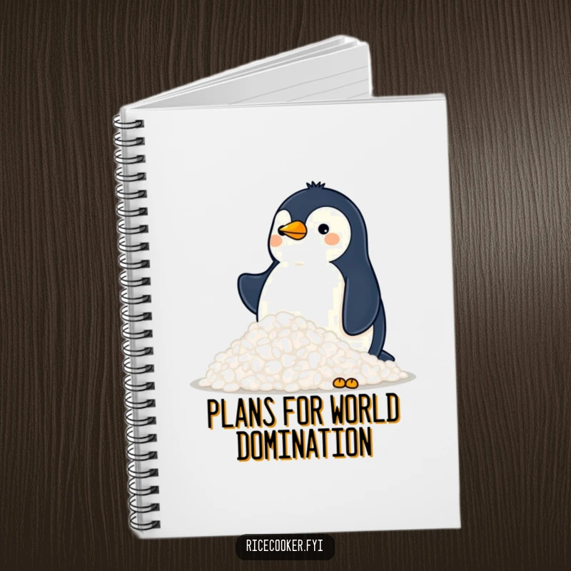 Funny notebook with a proud penguin surveying a mountain of fluffy rice, ideal for notes, journaling, and planning meals.