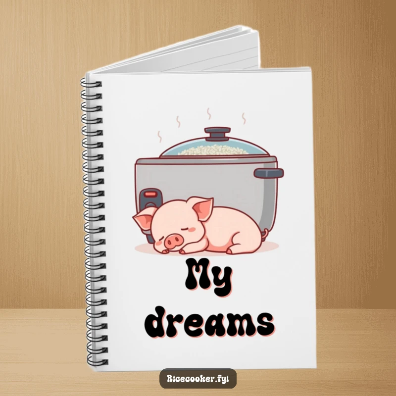 Funny piglet nap notebook. A content piglet naps peacefully next to a gently humming rice cooker, inspiring notes.