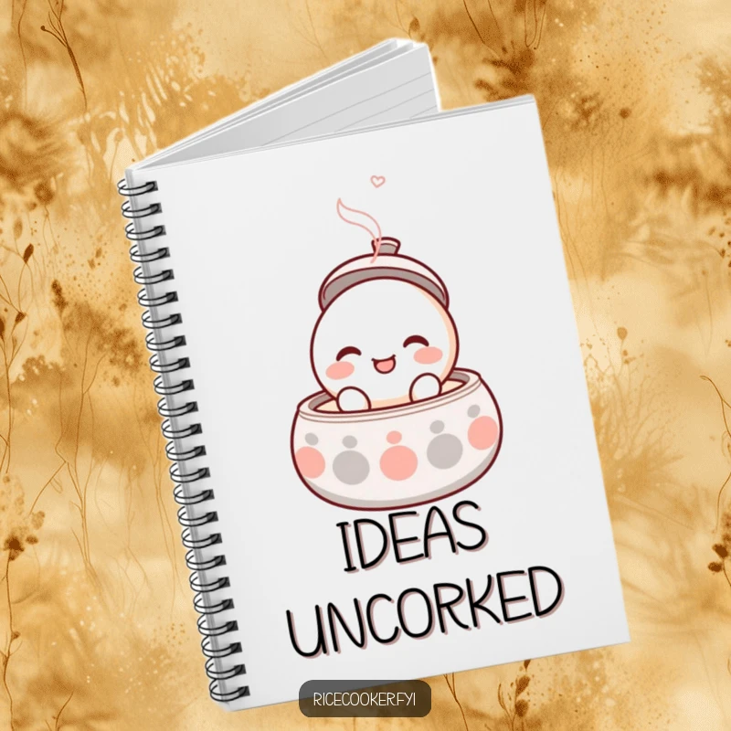 Funny notebook featuring a round, smiling character popping its lid open with gentle steam, perfect for notes.