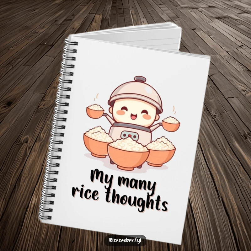 Funny rice cooker notebook featuring a small, smiling appliance amusingly juggling bowls of rice, inspiring creative note-taking.