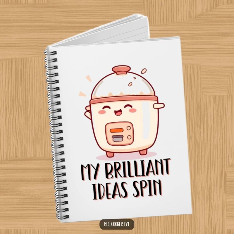 Funny rice cooker character spinning excitedly on a notebook cover, perfect for capturing recipes and thoughts.