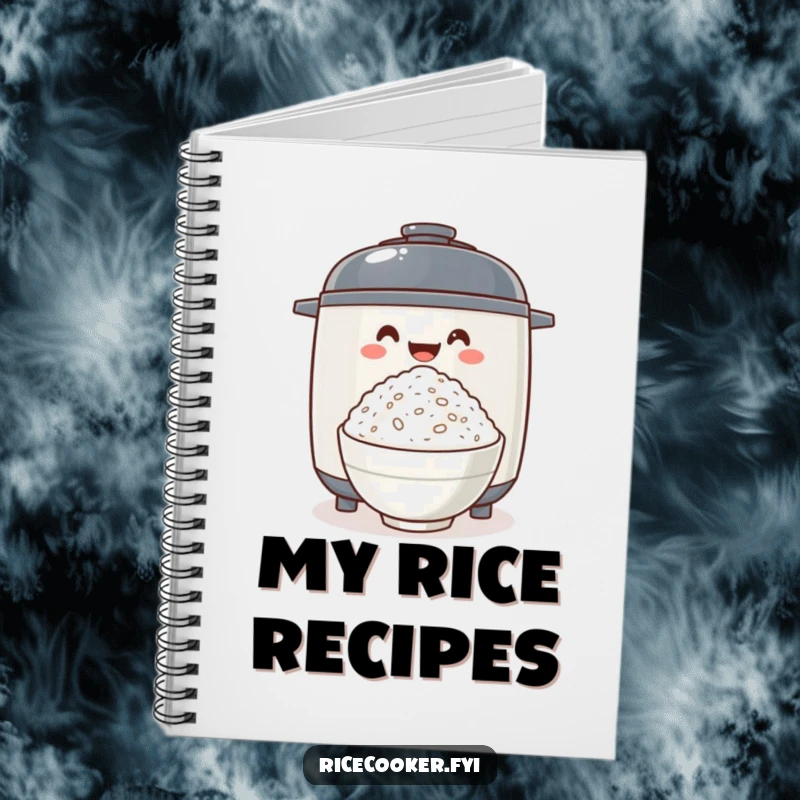 Funny rice cooker excitedly offering fluffy rice, a notebook for recording recipes and culinary thoughts with a fun, food-themed design.