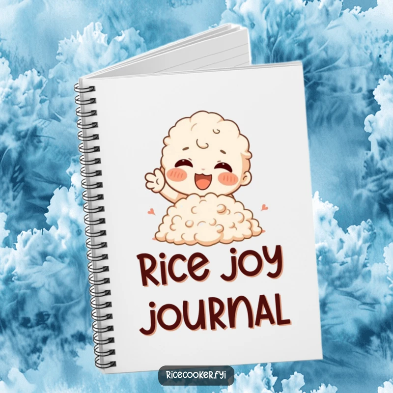 Funny Notebook with a character joyfully gesturing towards a fluffy mound of rice, perfect for jotting down foodie ideas.