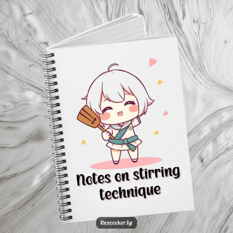 Funny notebook with a character comically spinning a rice paddle like a tiny baton, perfect for journaling creative culinary thoughts.