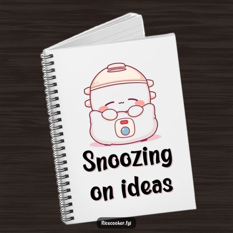 Funny rice cooker notebook with a sleepy appliance on a pillow, ideal for journaling and notes.