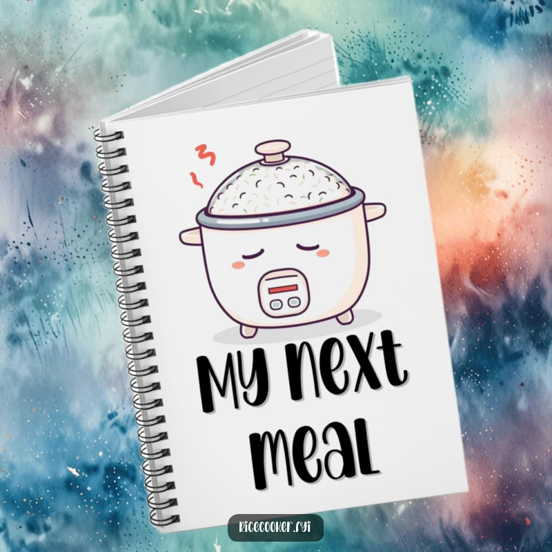 Funny notebook with a sleepy rice cooker on the cover, perfect for taking notes, journaling, or doodling dreams.