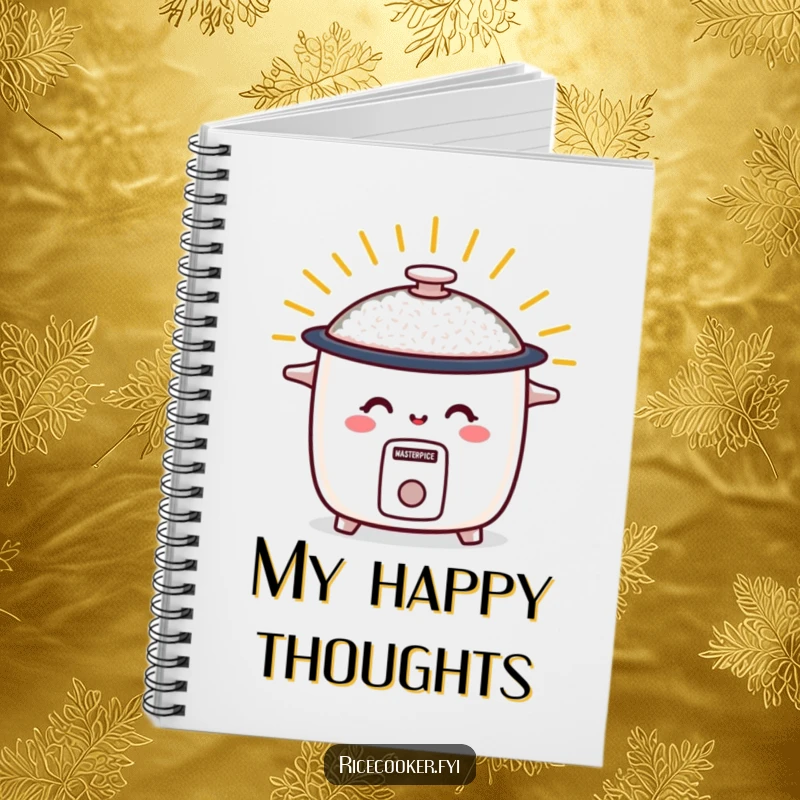 Funny notebook featuring a smiling rice cooker radiating warm energy, a humorous and practical item for notes and joyful expression.