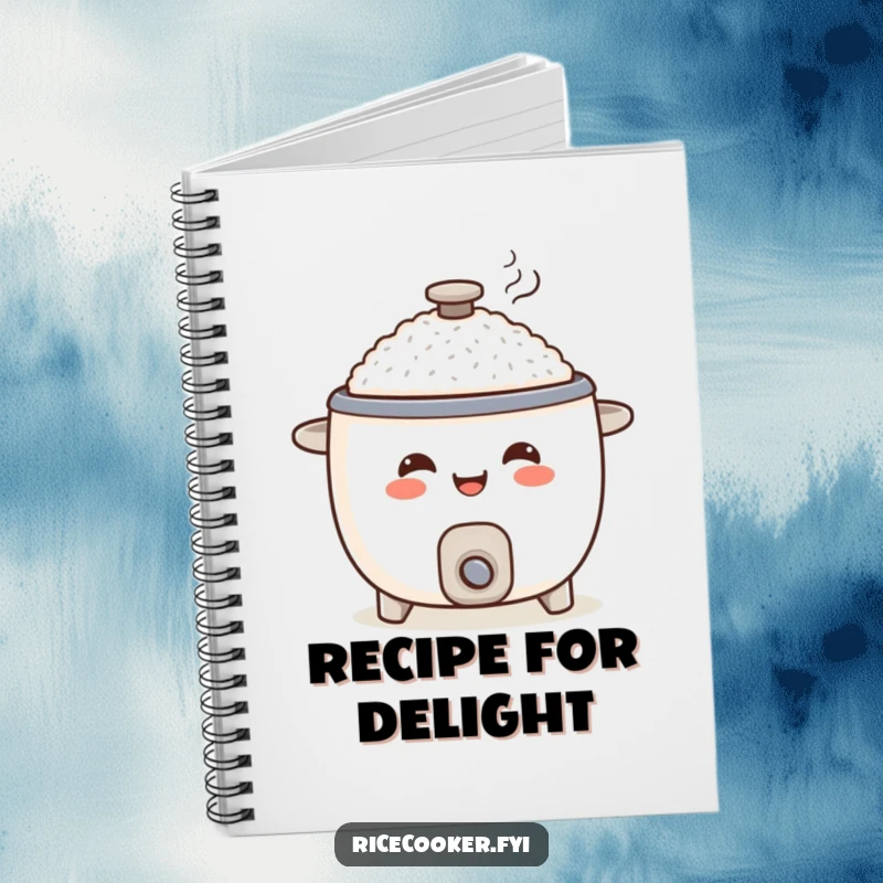 Funny rice cooker notebook, smiling appliance character serving food, kitchen recipe journal gift.