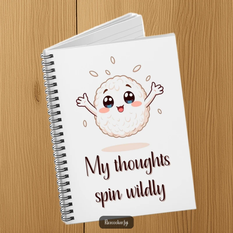 Funny notebook cover showing a wide-eyed rice grain spinning wildly, arms out, capturing energetic anime-style motion for note-taking fun.