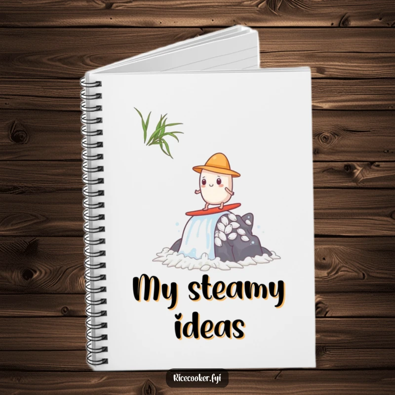 Funny notebook cover featuring a rice grain in a tiny hat, surfing a powerful steam waterfall, ideal for anime fans.