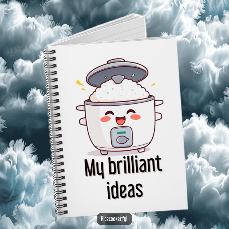 Funny notebook featuring a grinning rice cooker with its lid popping open in surprise, perfect for jotting down food ideas.