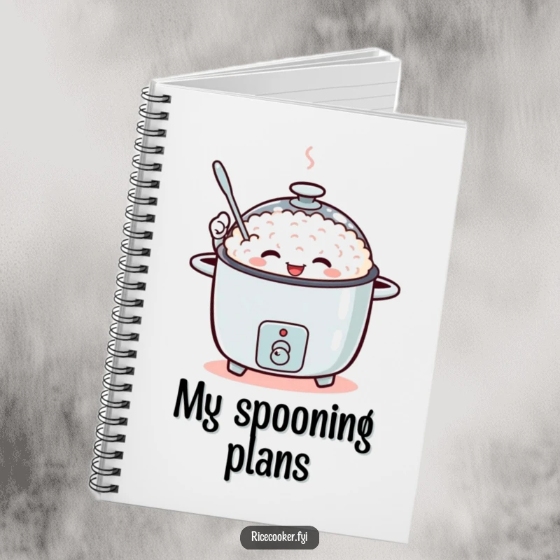 Funny notebook with a rice cooker character enthusiastically waving a tiny spoon.