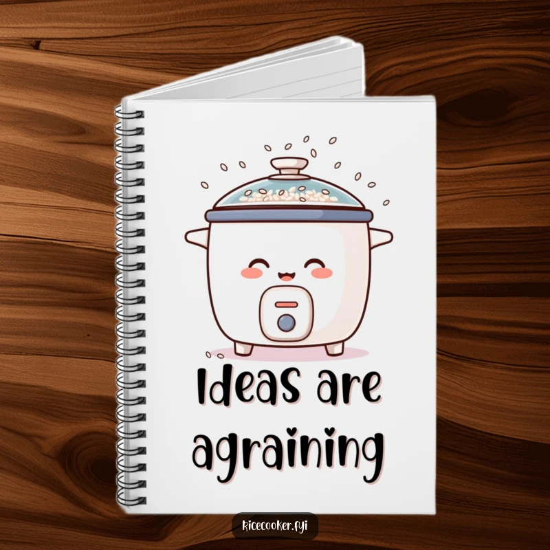 Funny notebook cover featuring a rice cooker in stitches, spilling rice grains like confetti from its lid, ideal for notes and laughs.