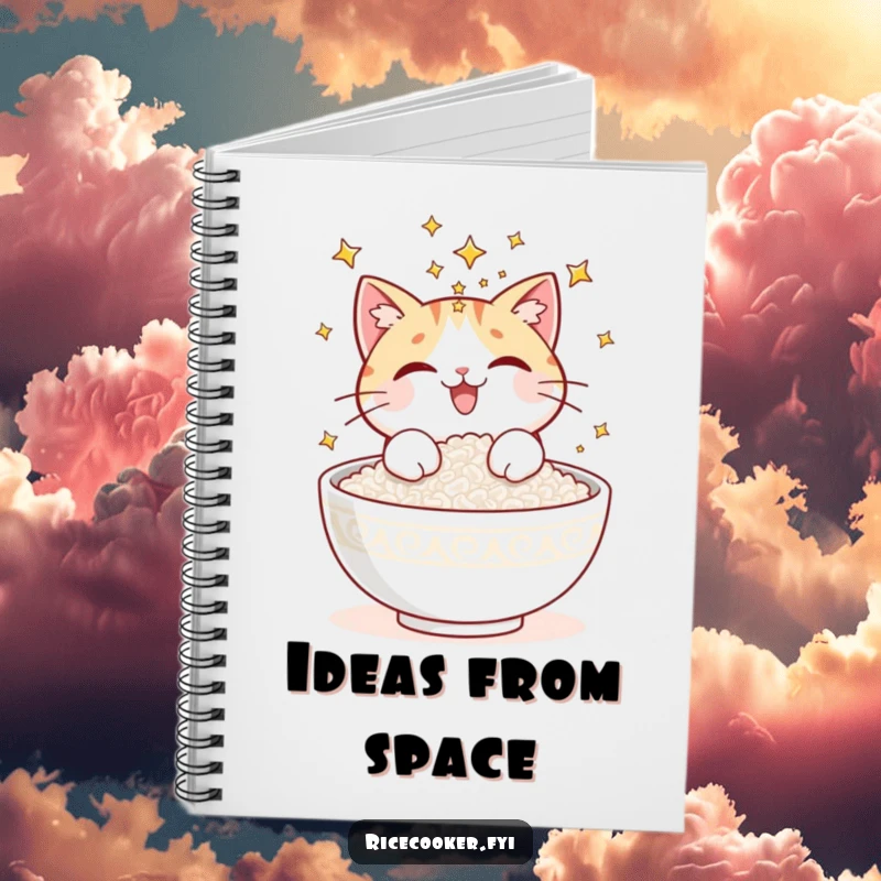 Funny notebook cover featuring a delighted cat sprinkling stars onto a bowl of cooked rice, inspiring creativity and wonder.