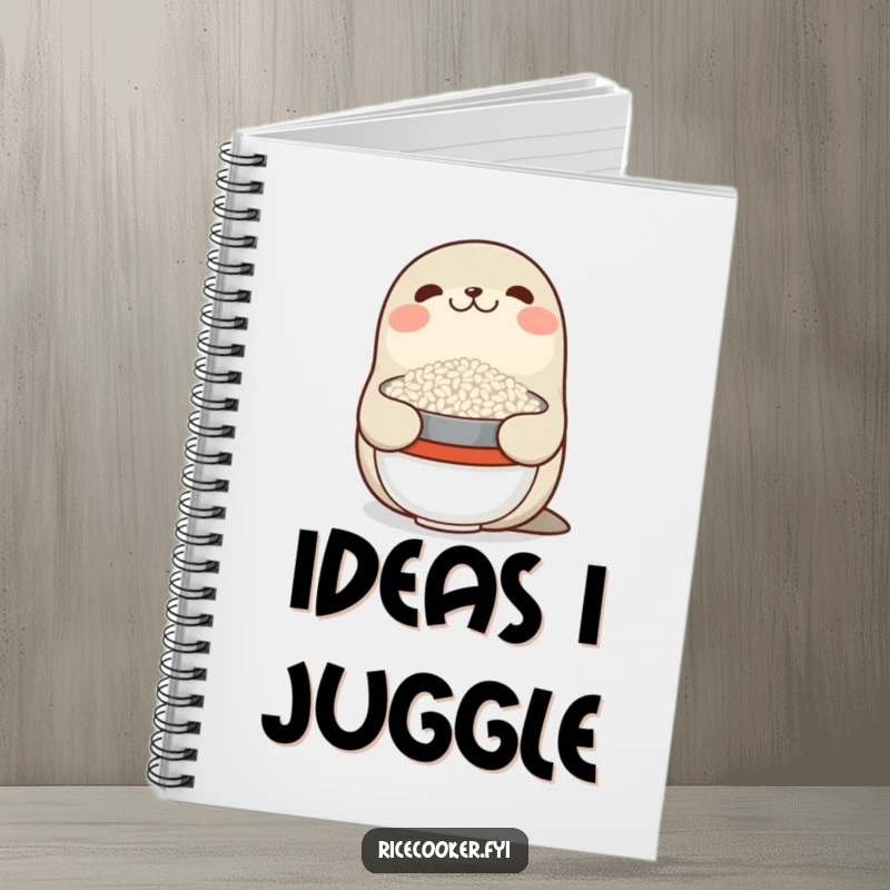 Funny notebook with a smiling seal balancing a bowl of rice on its nose, ideal for notes, journaling, and planning.