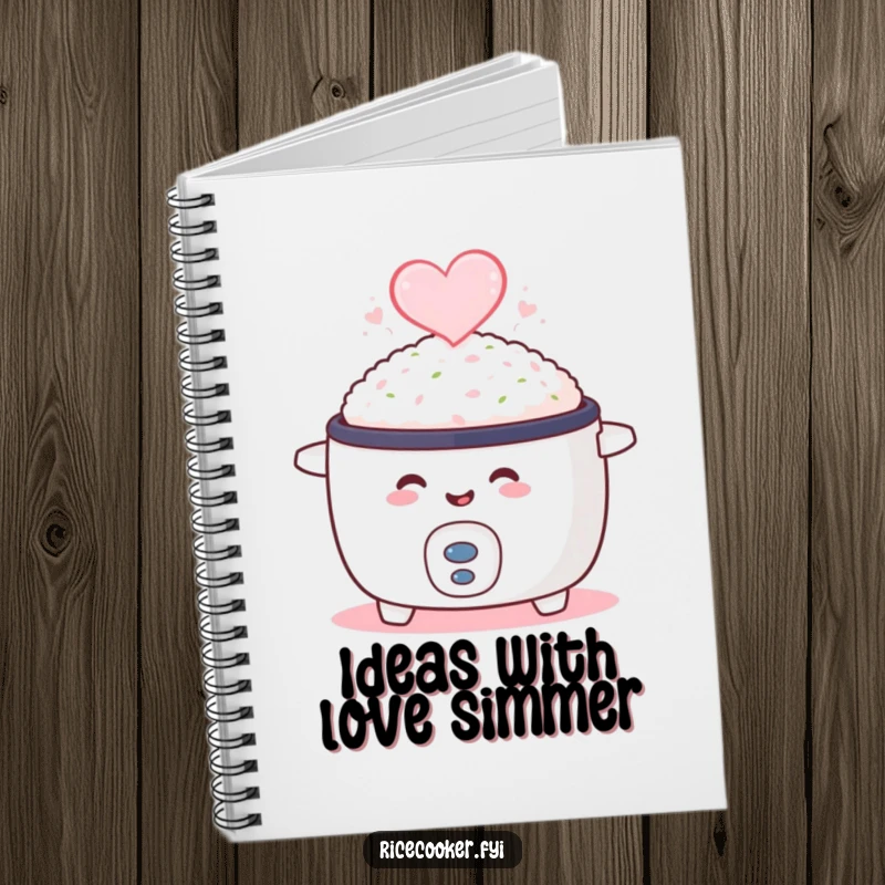 Funny notebook with a smiling rice cooker emitting heart-shaped steam, perfect for jotting down recipes and cooking notes.