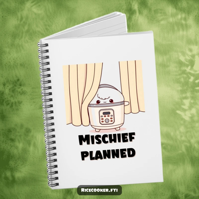 Funny rice cooker notebook, appliance peeking mischievously from behind a curtain, secret journal gift.