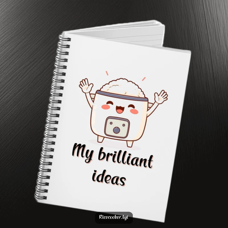Funny notebook cover with a jubilant rice cooker waving its small arms. Ideal for notes and doodles, a charming funny gift.
