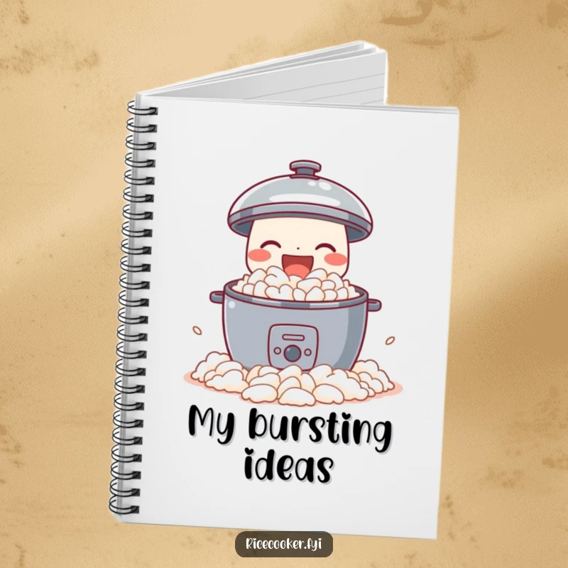 Funny notebook featuring a delighted rice cooker joyfully spilling perfect fluffy rice, a humorous and practical item for notes and joyful expression.