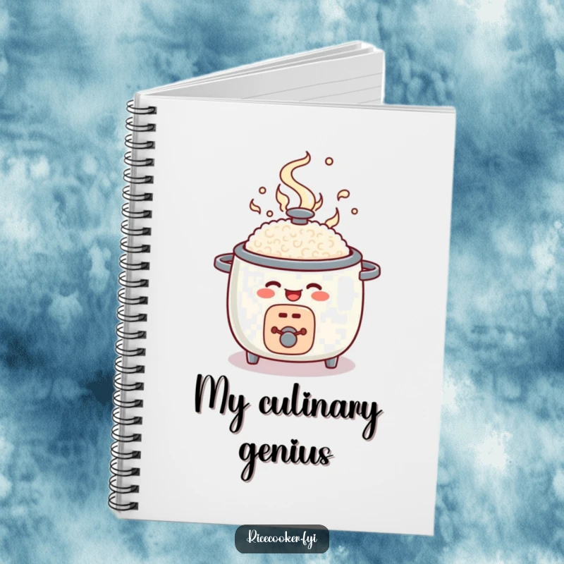 Funny rice cooker notebook, round appliance character popping open, kitchen recipe journal gift.