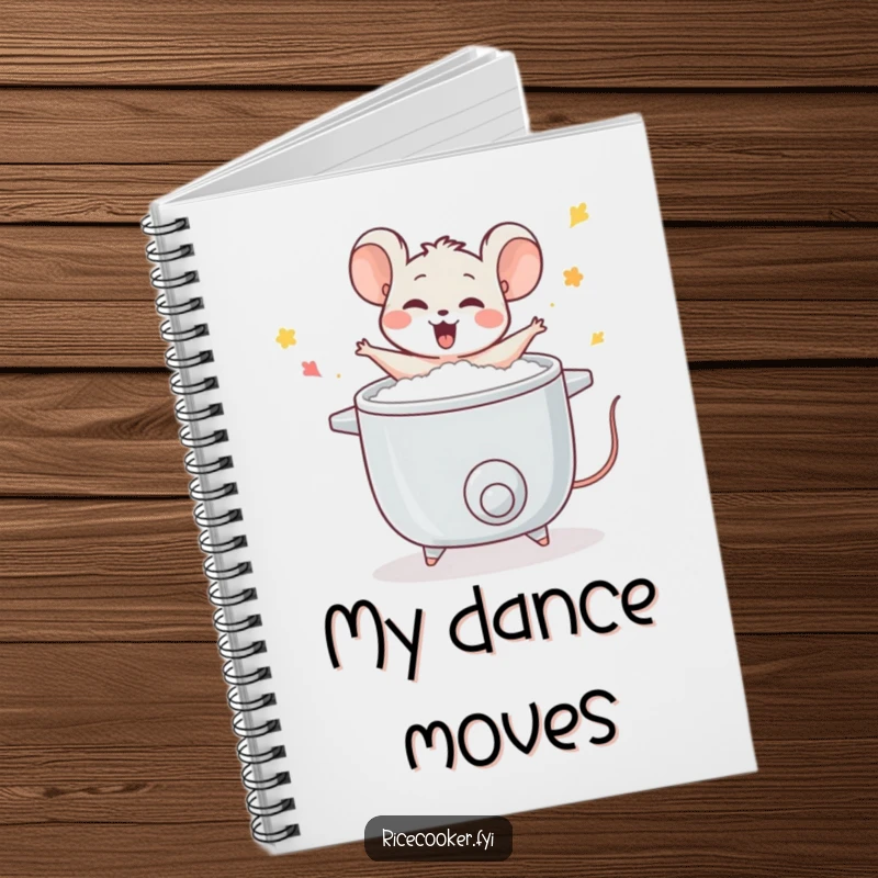 Funny mouse notebook, featuring a mouse dancing around a rice cooker, perfect for jotting down recipes and kitchen inspiration.
