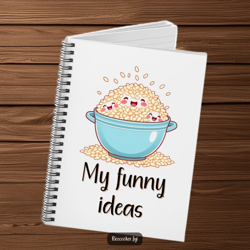 Funny overflowing rice notebook depicting a pot of rice with tiny, laughing grain faces spilling out, perfect for journaling joy.