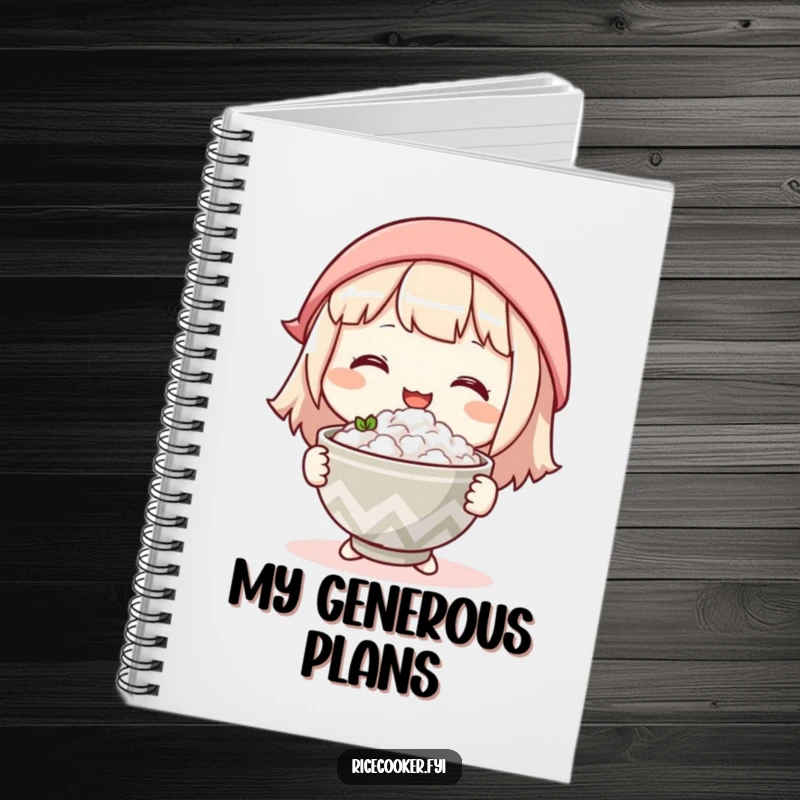 Funny notebook cover with a character gently offering a warm bowl of rice with a kind smile, symbolizing compassion and inspiration.