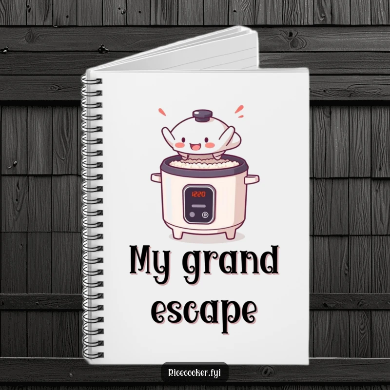 Funny notebook cover featuring a small rice cooker lid in a dramatic leap, ideal for anime enthusiasts and food lovers.