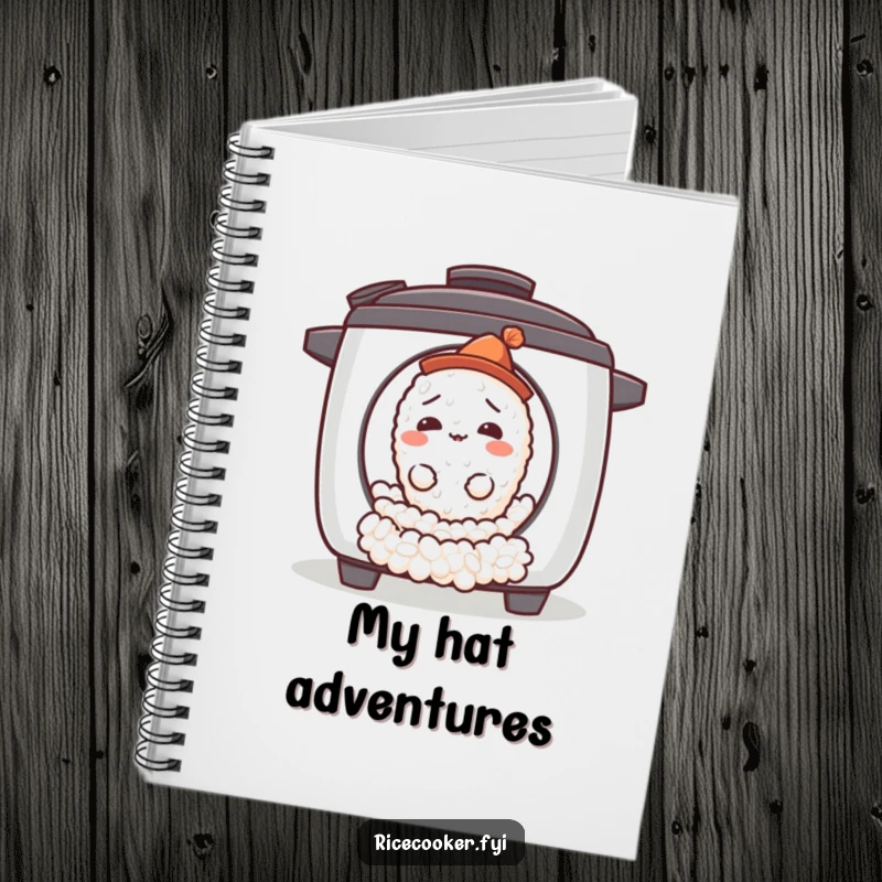 Funny confused rice grain notebook depicting a small grain with a hat escaping a rice cooker, perfect for journaling adventures.