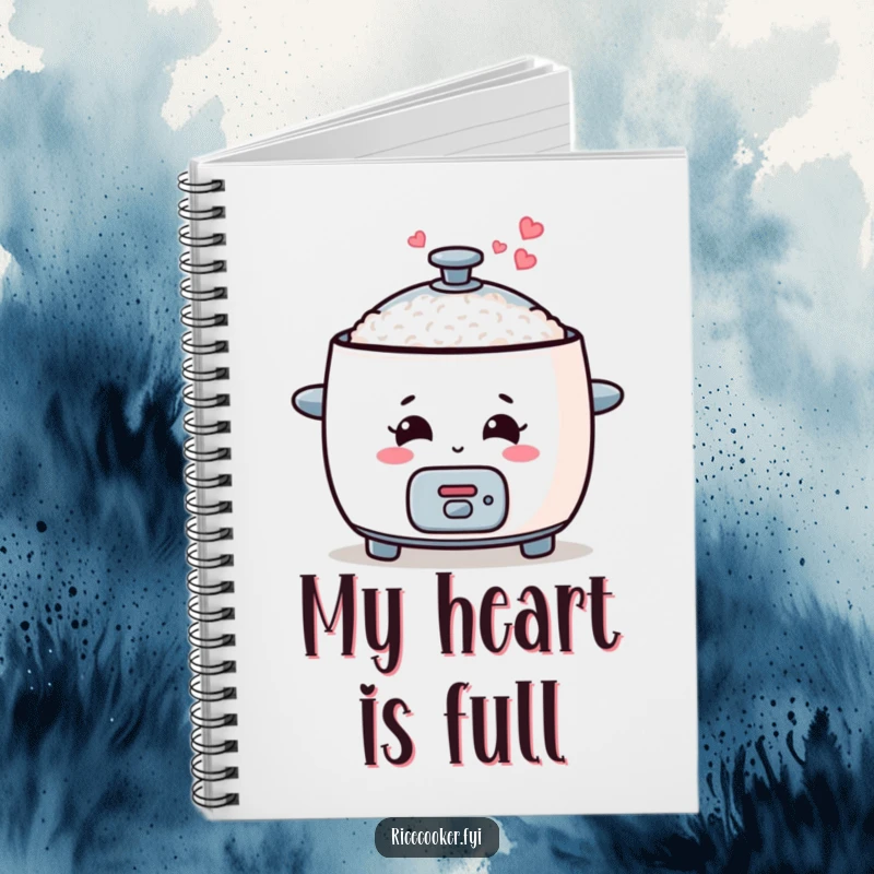 Funny rice cooker notebook with a smiling appliance and heart steam, ideal for journaling and note-taking.