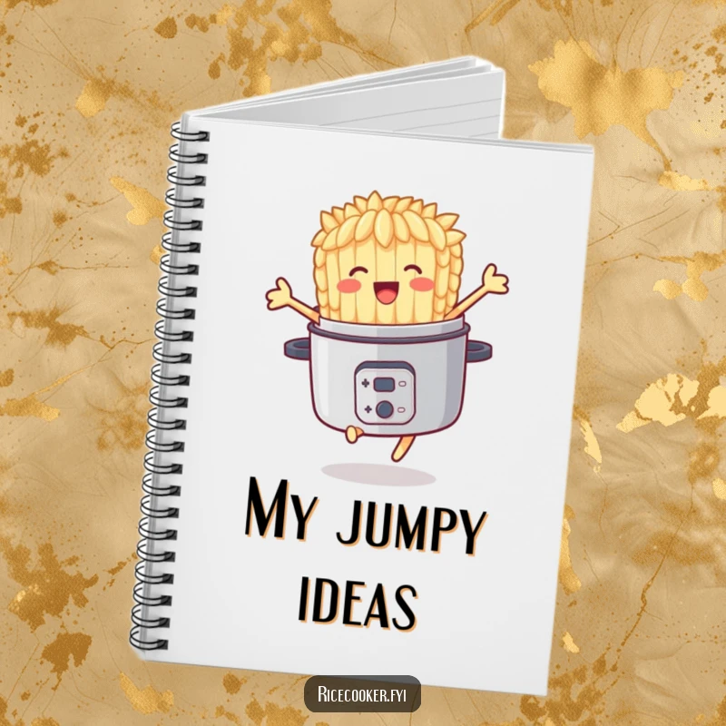 Funny notebook featuring a delighted rice grain character joyfully jumping out of a rice cooker, inspiring happy ideas.