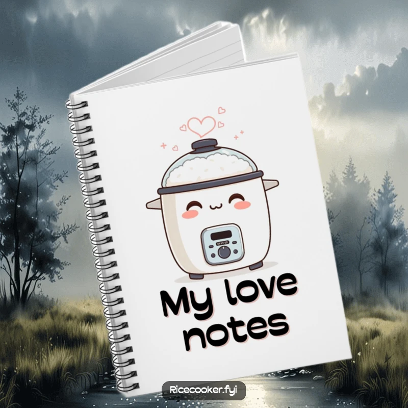 Funny notebook with a smiling rice cooker character, steam forming a heart.
