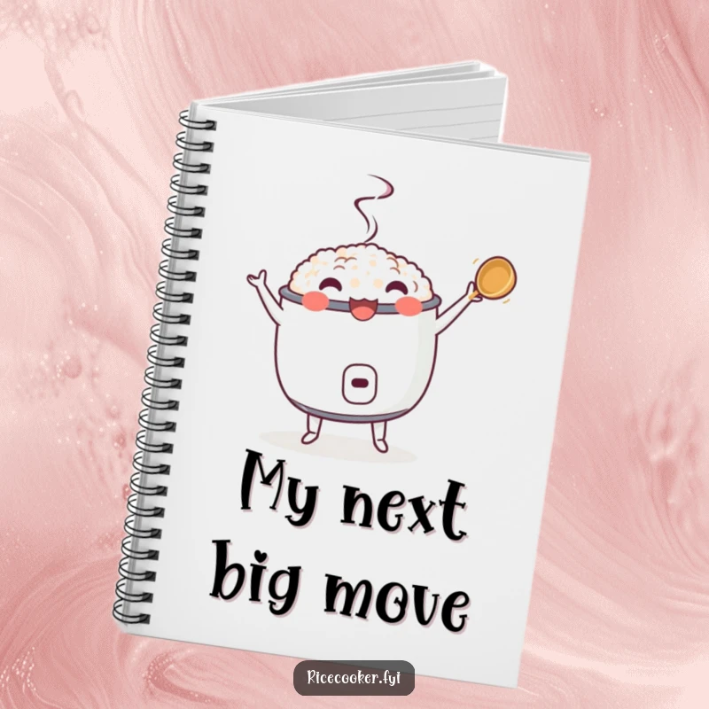 Funny notebook featuring a dancing rice cooker with a twirling ladle, a humorous and practical item for notes and creative expression.