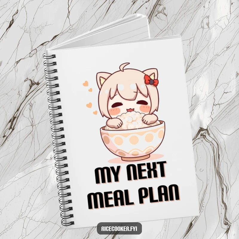 Funny notebook cover with a character joyfully hugging a steaming bowl of rice, symbolizing comfort and inspiration for note-taking.