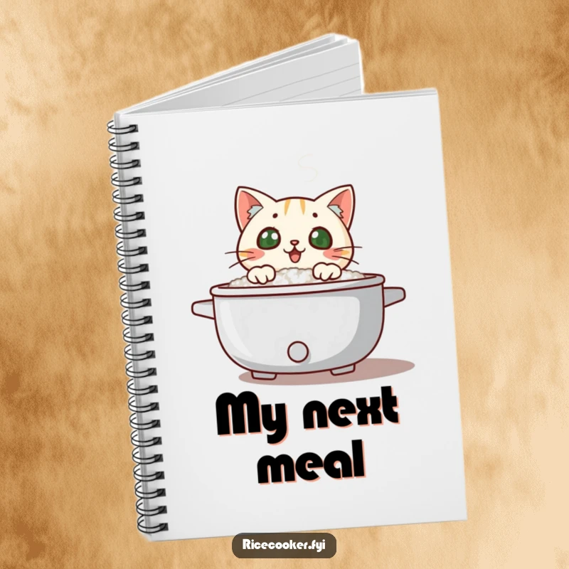 Funny surprised cat peeking over a steaming rice cooker lid, steam swirling, a humorous notebook for creative minds.