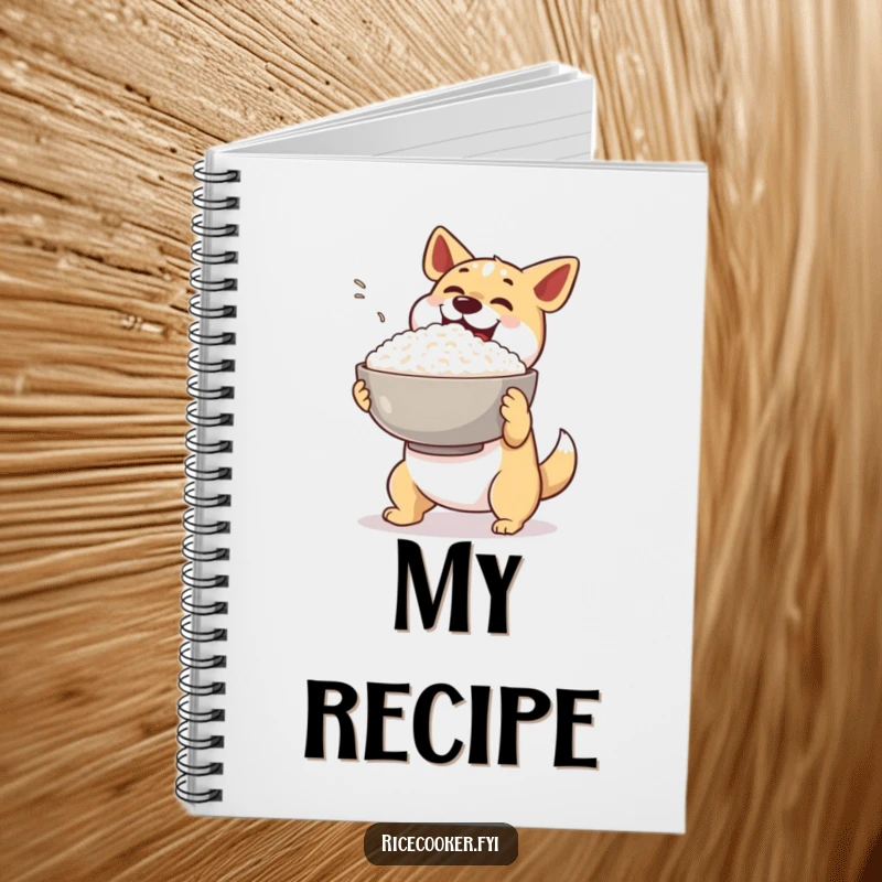 Funny dog rice notebook. A happy dog excitedly presents a giant bowl of steaming rice, inspiring notes.