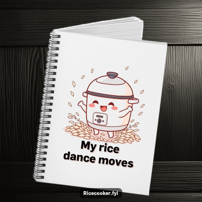 Funny notebook with a happy rice cooker character dancing joyfully, surrounded by illustrated rice grains.