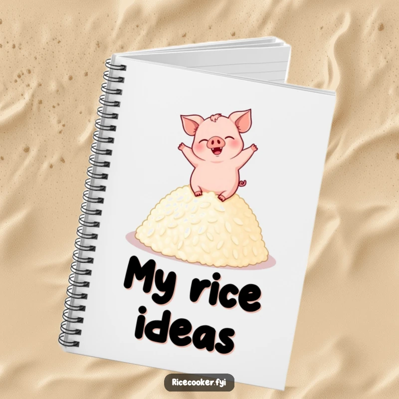 Funny pig notebook with a giggling pig dancing on perfectly cooked rice, perfect for jotting down recipes and joyful thoughts.