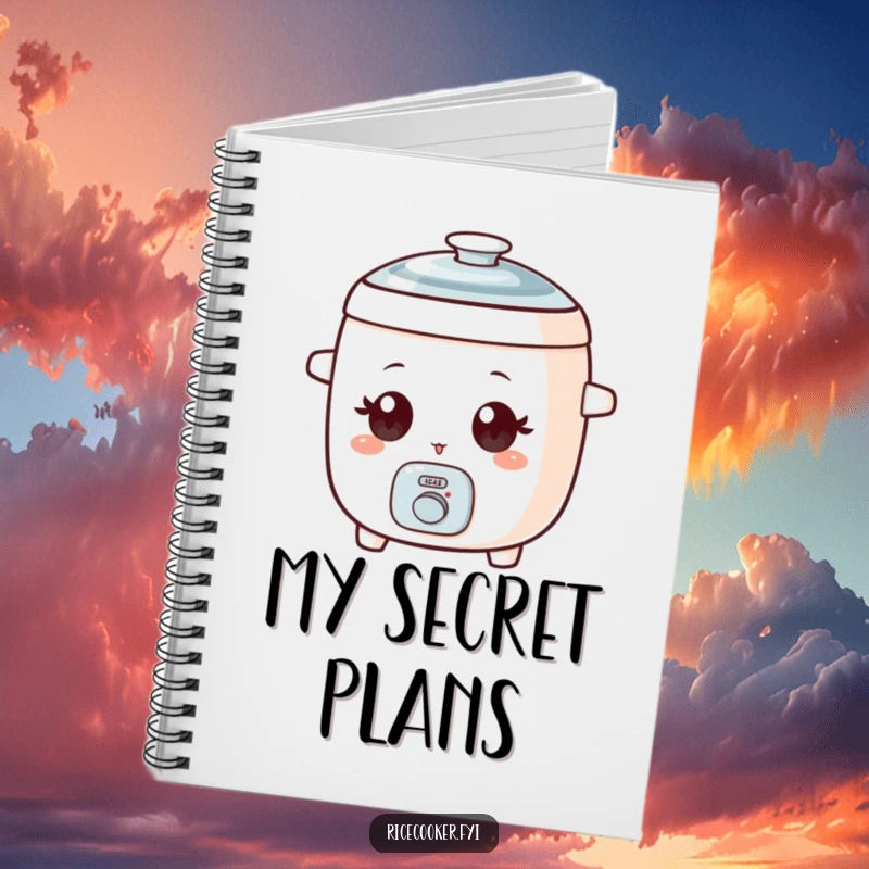 Funny notebook illustration of a small rice cooker with wide eyes, delivering a playful wink.