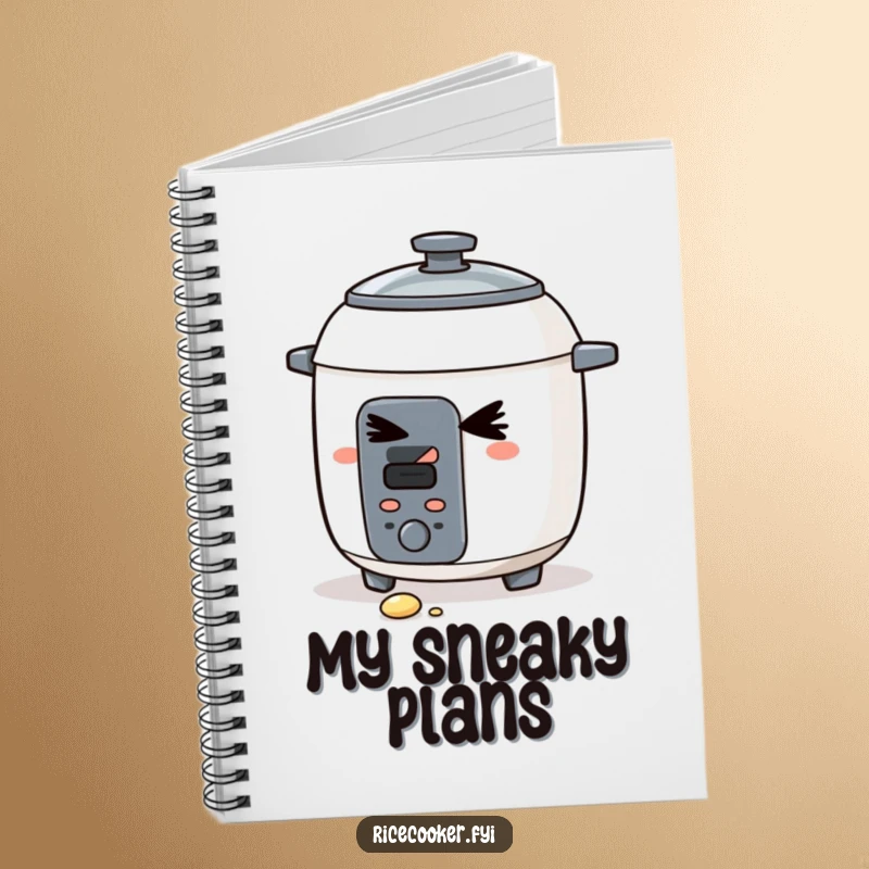 Funny notebook cover with a slyly winking rice cooker and a few spilled grains. Ideal for notes, a charming funny gift.