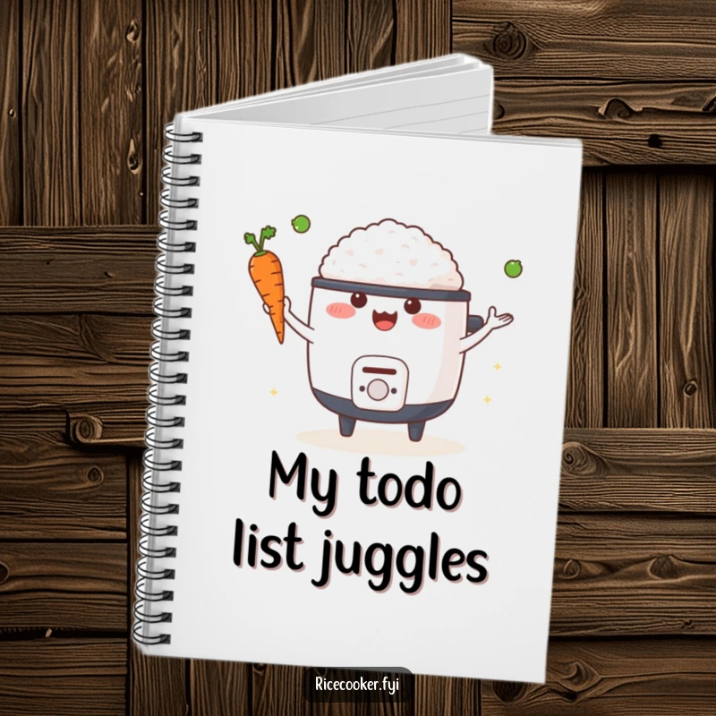 Funny notebook with a happy rice cooker juggling a carrot and a pea, perfect for jotting down cooking notes and ideas.