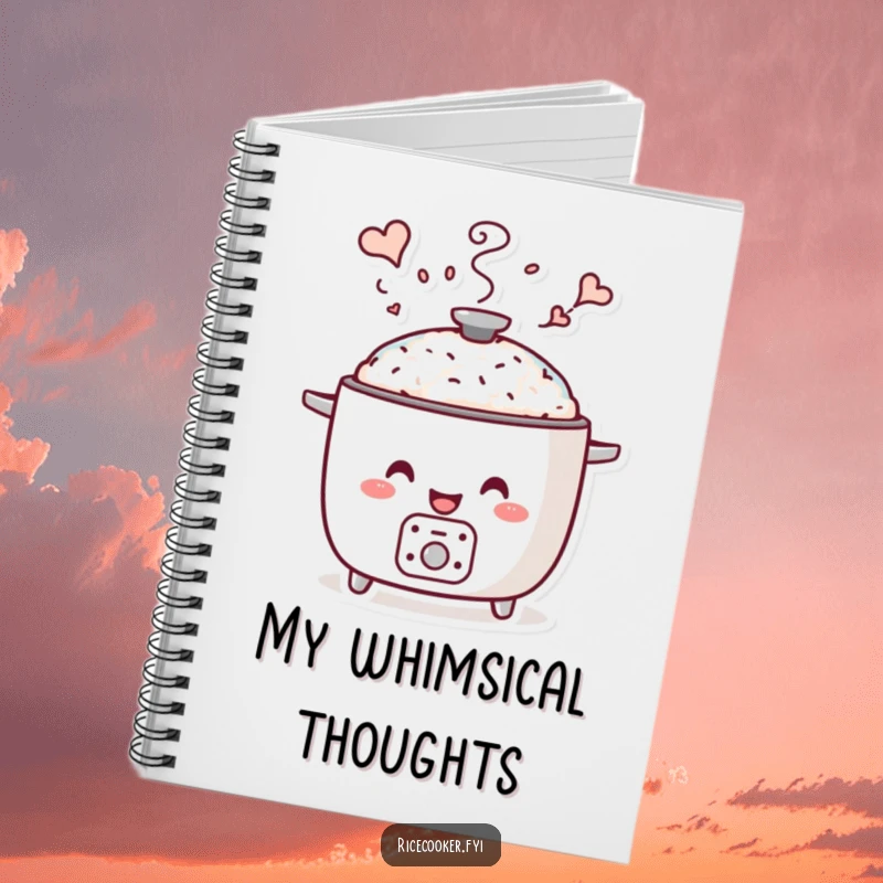 Funny whimsical steam notebook depicting a smiling rice cooker and its steam forming enchanting shapes, perfect for creative journaling.