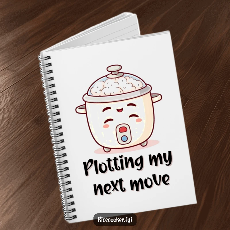 Funny rice cooker notebook with a mischievous wink and a slightly open lid, perfect for note-taking.